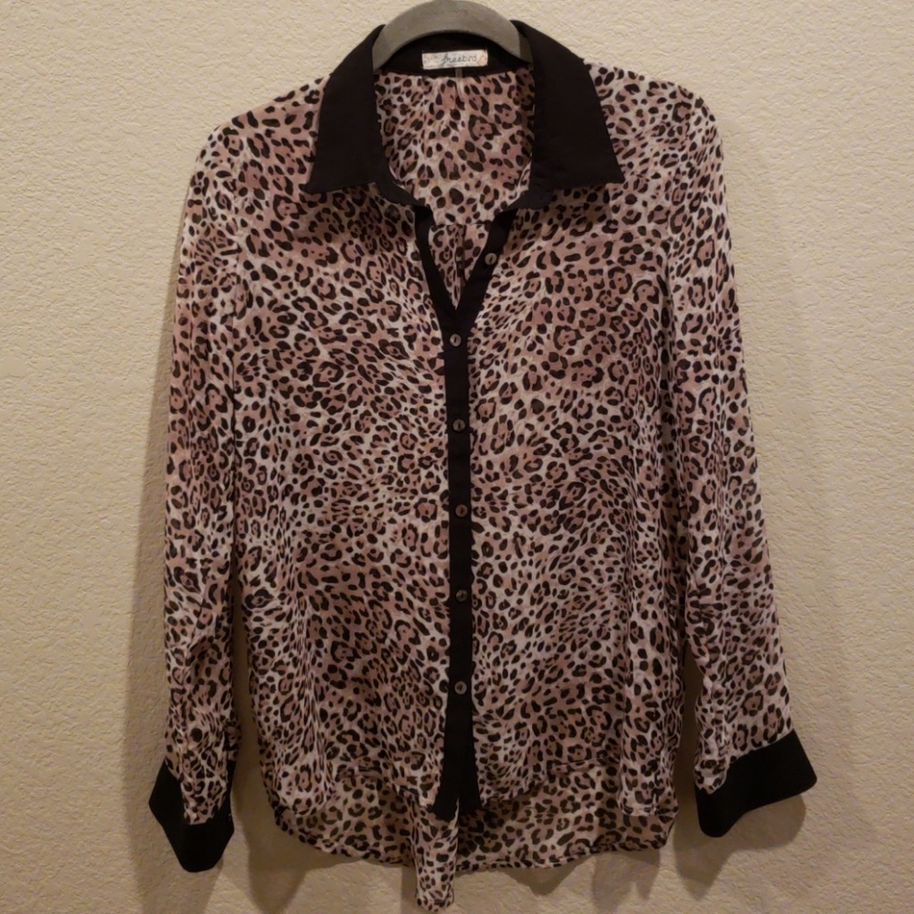 Leopard/black Sheer Button Down Shirt